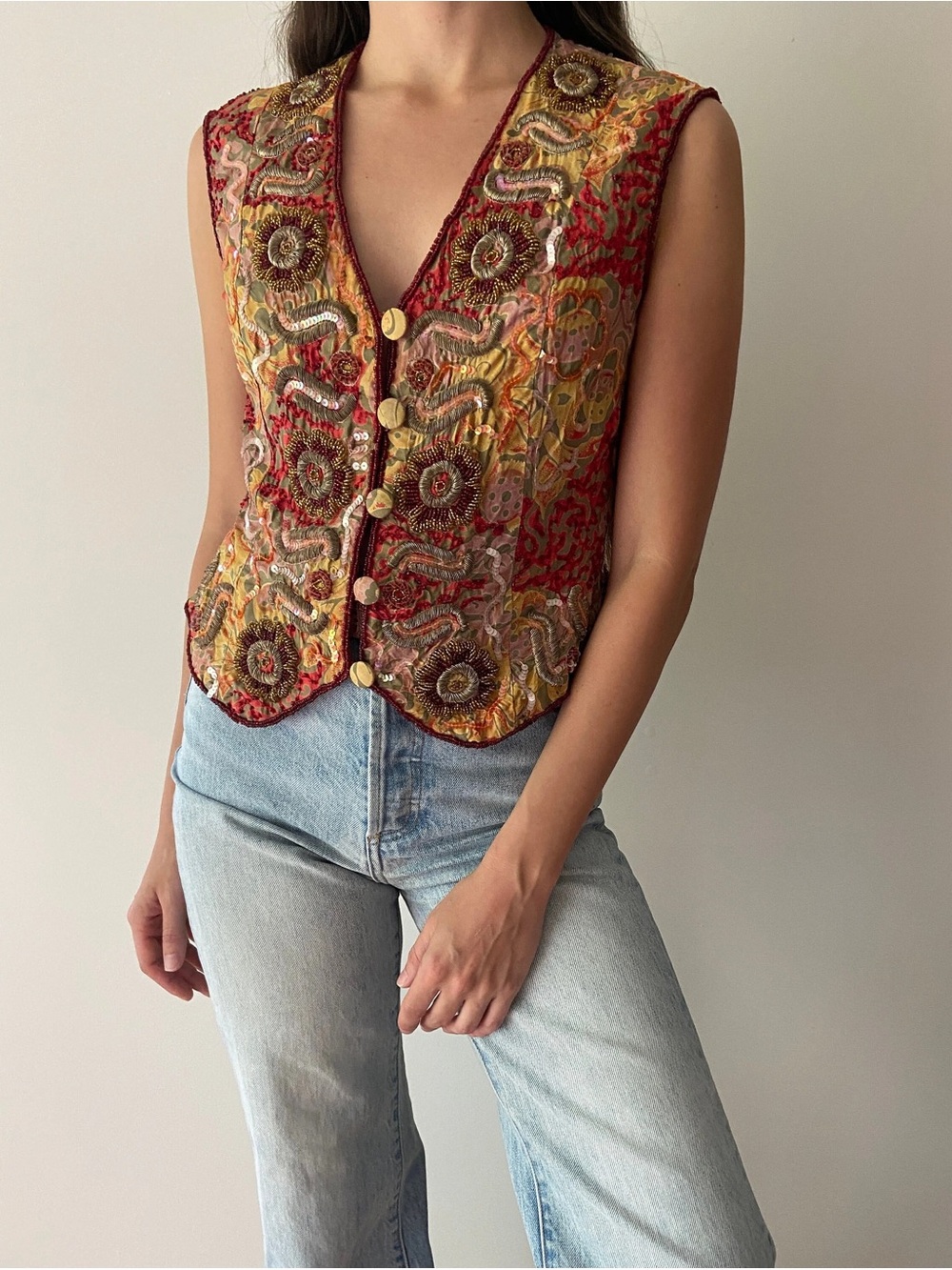 Vintage Class floral Sequinned Silk Beaded Embellished Vest size 8